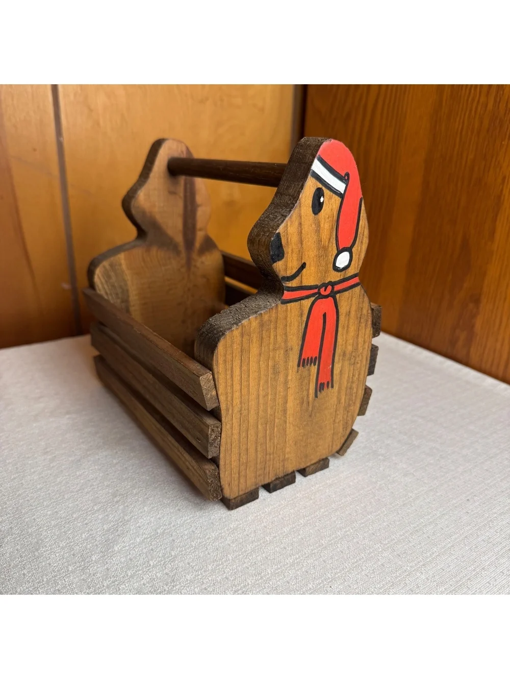 Vintage Wooden Teddy Bear Basket Christmas Storage Caddy Rustic Holiday Decor